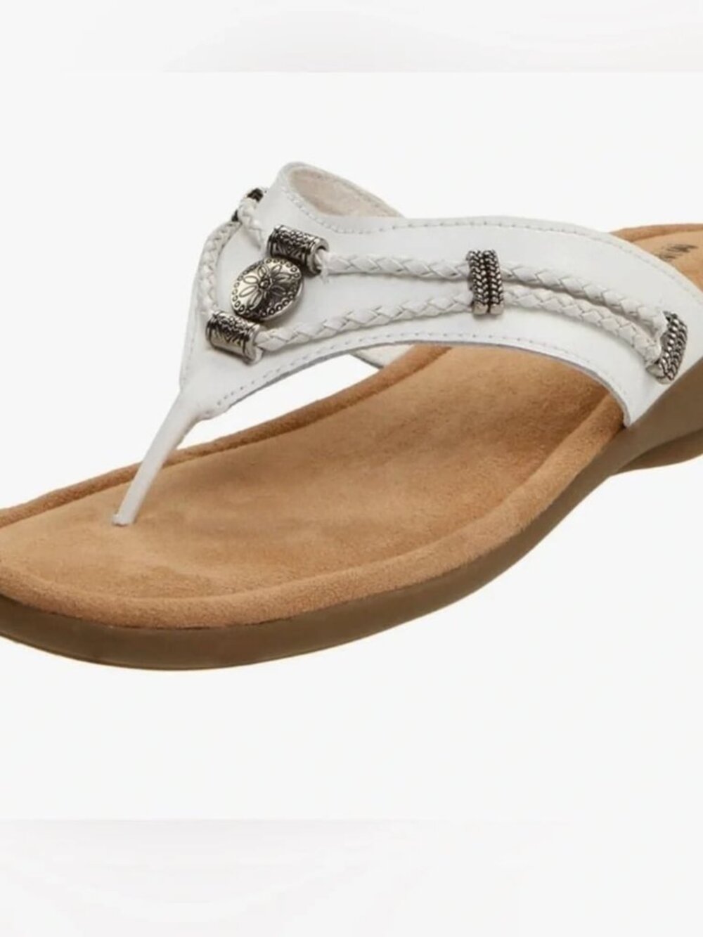 Women's MINNETONKA White Braided Thong Sandal with Decorative Silver Medallions